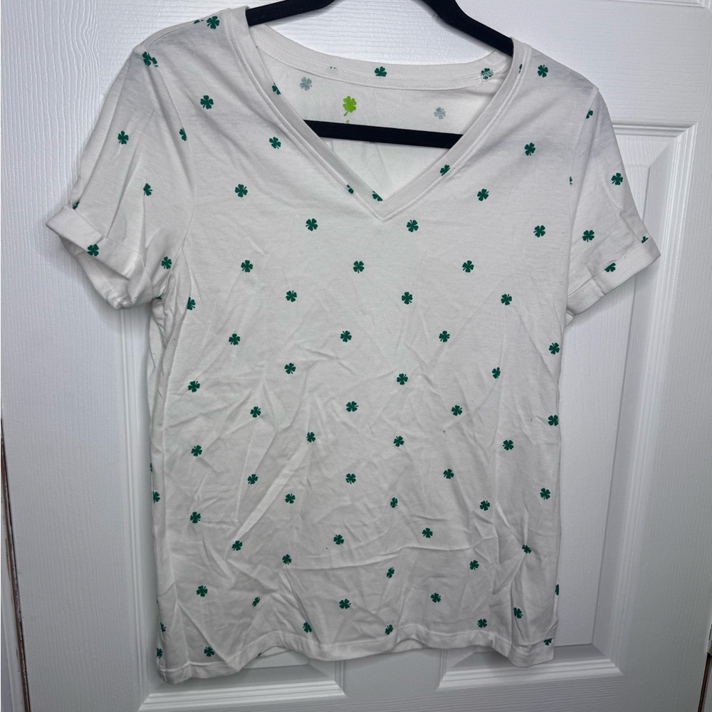 Women's White V-Neck Tee with Green Clover Print